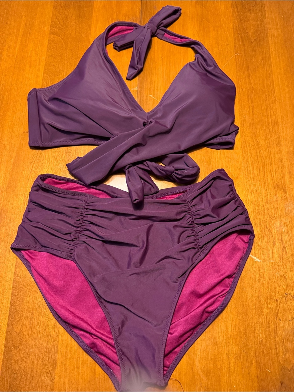Women's Purple Halter Bikini Set with High-Waist Ruched Bottoms - Picture 2 of 7